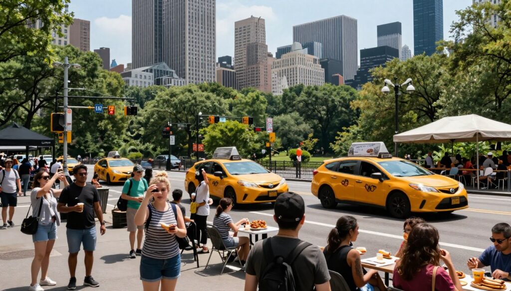 A bustling scene in New York City during peak tourist season, capturing the vibrant energy of famous landmarks like Times Square and Central Park. In the foreground, diverse groups of tourists dressed in summer attire, taking selfies and enjoying street performers. The middle ground features iconic yellow cabs navigating busy streets, outdoor café patrons enjoying the sunshine, and street vendors selling hot dogs and pretzels. The background showcases the tall skyscrapers under a clear blue sky, with the Empire State Building visible. Bright natural lighting bathes the scene, creating a warm, inviting atmosphere. The composition is energetic and lively, drawing viewers into the excitement of a summer day in New York City. A bustling scene in New York City during peak tourist season, capturing the vibrant energy of famous landmarks like Times Square and Central Park. In the foreground, diverse groups of tourists dressed in summer attire, taking selfies and enjoying street performers. The middle ground features iconic yellow cabs navigating busy streets, outdoor café patrons enjoying the sunshine, and street vendors selling hot dogs and pretzels. The background showcases the tall skyscrapers under a clear blue sky, with the Empire State Building visible. Bright natural lighting bathes the scene, creating a warm, inviting atmosphere. The composition is energetic and lively, drawing viewers into the excitement of a summer day in New York City.