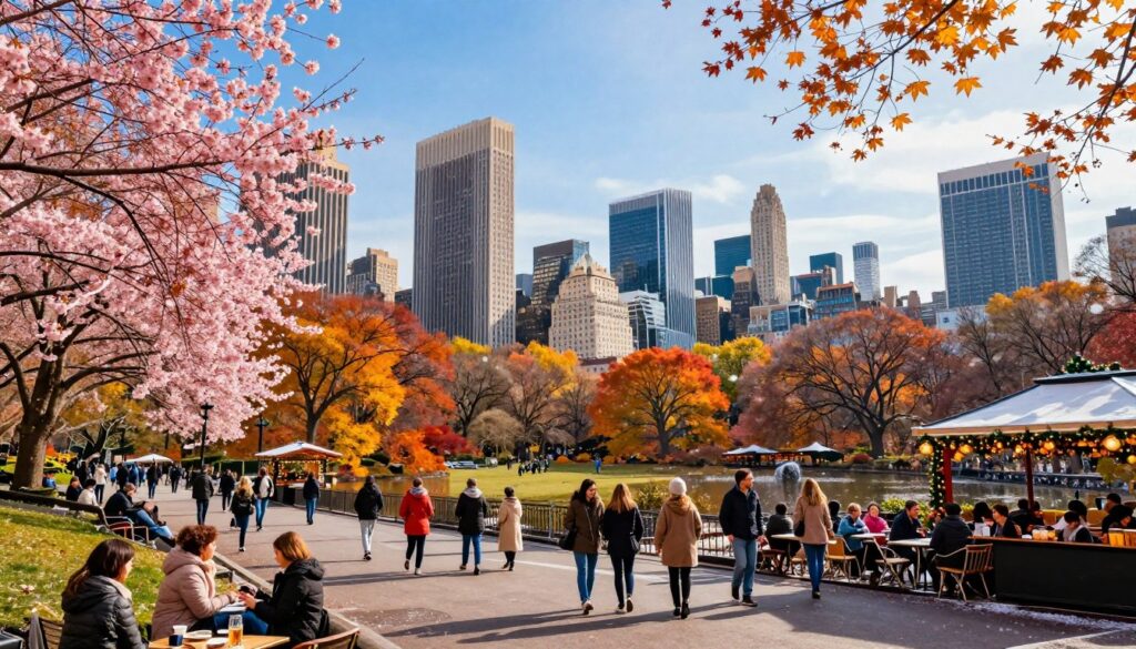 A picturesque view of New York City showcasing the beauty of all four seasons. In the foreground, vibrant cherry blossoms symbolize spring, while families enjoy popular parks like Central Park. The middle layer features the iconic skyline, with skyscrapers framed by colorful autumn leaves in shades of orange and gold. A cozy winter scene with snow gently falling can be seen beside people dressed in warm jackets enjoying festive holiday markets. The background captures a bright summer day with clear blue skies and people relaxing at outdoor cafes. The lighting should be warm and inviting, evoking a sense of wonder and excitement about the diverse experiences New York offers throughout the year. Employ a wide-angle lens effect for depth. A picturesque view of New York City showcasing the beauty of all four seasons. In the foreground, vibrant cherry blossoms symbolize spring, while families enjoy popular parks like Central Park. The middle layer features the iconic skyline, with skyscrapers framed by colorful autumn leaves in shades of orange and gold. A cozy winter scene with snow gently falling can be seen beside people dressed in warm jackets enjoying festive holiday markets. The background captures a bright summer day with clear blue skies and people relaxing at outdoor cafes. The lighting should be warm and inviting, evoking a sense of wonder and excitement about the diverse experiences New York offers throughout the year. Employ a wide-angle lens effect for depth.