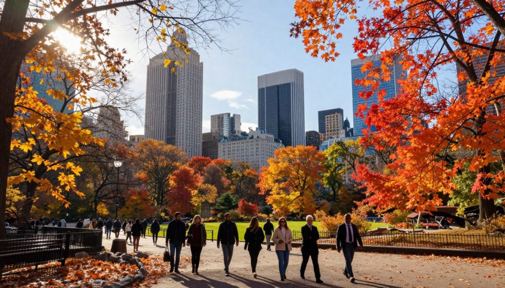 A vibrant autumn scene in Central Park, New York, showcasing the stunning foliage with bright orange, red, and yellow leaves. In the foreground, a group of diverse people dressed in smart-casual clothing strolls along a leaf-covered path, enjoying the crisp air. The middle ground features iconic skyline elements, such as the towering skyscrapers peeking through the trees, while a soft sunlight filters through the branches, creating a warm glow. In the background, the skyline of Manhattan glimmers against a clear blue sky. The atmosphere should evoke a sense of excitement and tranquility, suggesting the perfect time to explore New York. Use a wide-angle lens to capture the spaciousness of the park and the vibrancy of the season, with balanced lighting to enhance the colors. A vibrant autumn scene in Central Park, New York, showcasing the stunning foliage with bright orange, red, and yellow leaves. In the foreground, a group of diverse people dressed in smart-casual clothing strolls along a leaf-covered path, enjoying the crisp air. The middle ground features iconic skyline elements, such as the towering skyscrapers peeking through the trees, while a soft sunlight filters through the branches, creating a warm glow. In the background, the skyline of Manhattan glimmers against a clear blue sky. The atmosphere should evoke a sense of excitement and tranquility, suggesting the perfect time to explore New York. Use a wide-angle lens to capture the spaciousness of the park and the vibrancy of the season, with balanced lighting to enhance the colors.