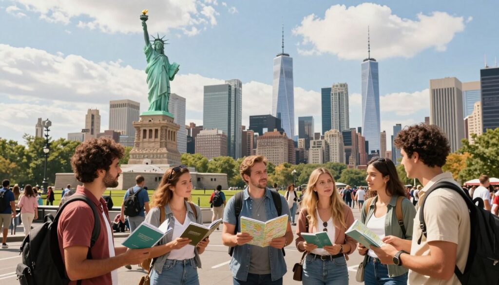 A vibrant city scene showcasing quintessential New York travel tips for visitors from Mexico. In the foreground, a diverse group of individuals wearing stylish casual clothing, engaged in a discussion while holding travel guides and maps. The middle ground features iconic landmarks such as the Statue of Liberty, Times Square, and Central Park, all bustling with activity. The background includes a clear blue sky with fluffy clouds, hinting at a sunny day. Soft, warm lighting bathes the scene, creating an inviting atmosphere. Capture a wide-angle view to highlight the lively urban environment, suggesting a sense of adventure and exploration. The overall mood should be friendly and welcoming, perfect for inspiring travelers. A vibrant city scene showcasing quintessential New York travel tips for visitors from Mexico. In the foreground, a diverse group of individuals wearing stylish casual clothing, engaged in a discussion while holding travel guides and maps. The middle ground features iconic landmarks such as the Statue of Liberty, Times Square, and Central Park, all bustling with activity. The background includes a clear blue sky with fluffy clouds, hinting at a sunny day. Soft, warm lighting bathes the scene, creating an inviting atmosphere. Capture a wide-angle view to highlight the lively urban environment, suggesting a sense of adventure and exploration. The overall mood should be friendly and welcoming, perfect for inspiring travelers.