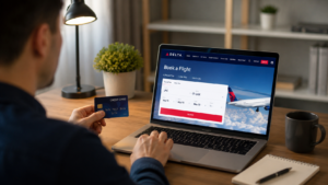 Person completing a Delta Air Lines booking on a laptop at home