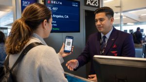 Traveler using mobile phone to manage Delta Air Lines booking at the airport gate