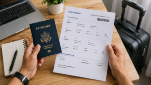 Traveler reviewing Delta Air Lines booking confirmation and passport before travel